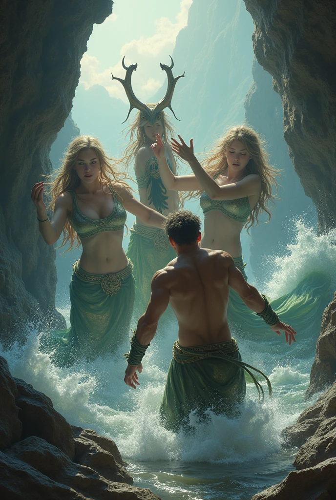 A highly realistic panoramic sunlight image of Tarzan and his blonde Jane, half-naked dressed in a loincloth of a primeval man, both standing dripping with water in the crashing waters of a very high waterfall half surrounded by big jungle trees in 70000000 BC, HD photography, ultra-realistic, King Tut, 4k, hyper-realistic, sharp texture, color