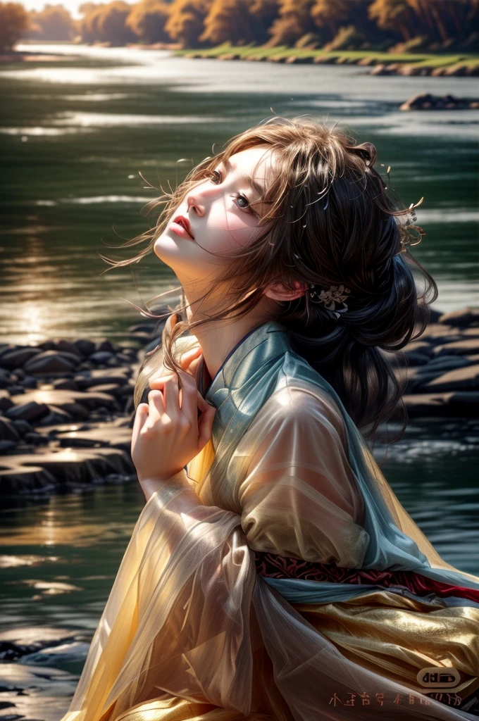 ((Young woman sitting near the river bank)) with her body slightly forward and her face up, light from the left side shines through, highly detailed image, beautiful girl in Hanfu, rim light, fantasy, (((realistic photo)))