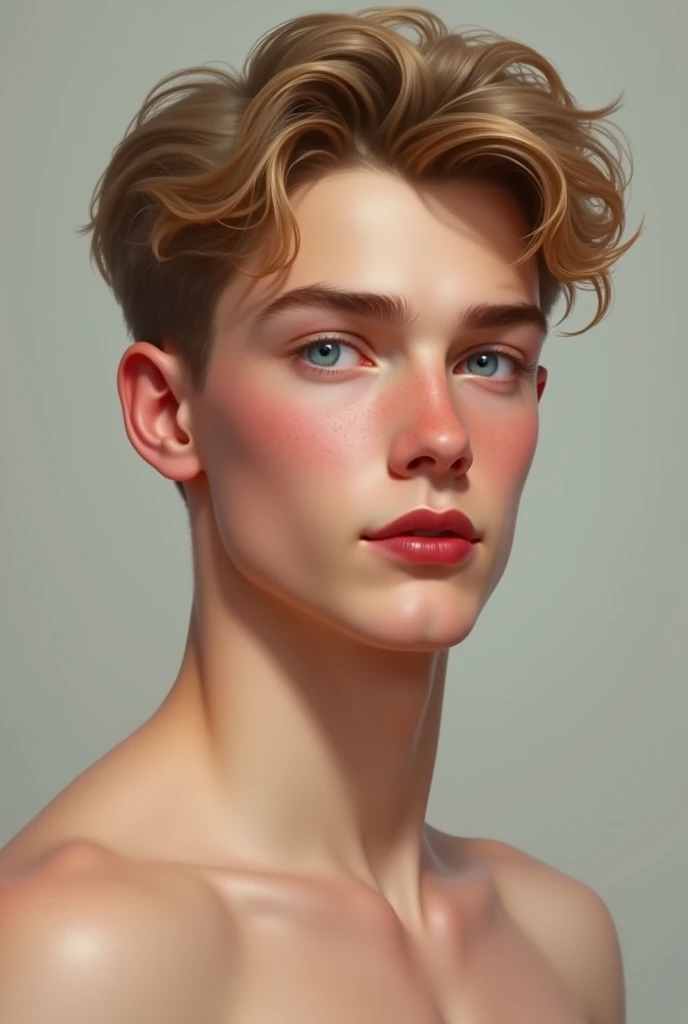 A man with brown hair, green eyes, very white, attractive, thin body with a flat abdomen and curves, pink lips, pink cheeks, very fine and delicate features and not at all coarse.
