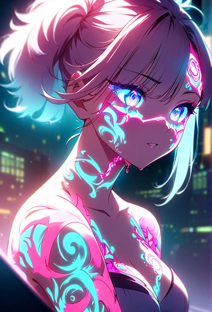 Cyberpunk、Artistic anime illustration of a cool girl adorned with thick, glowing neon dragon tattoos on her body and face、Neon glow、The scene has a dreamy, soft-focus effect that accentuates the brilliance of the tattoo.睨み、手の甲、