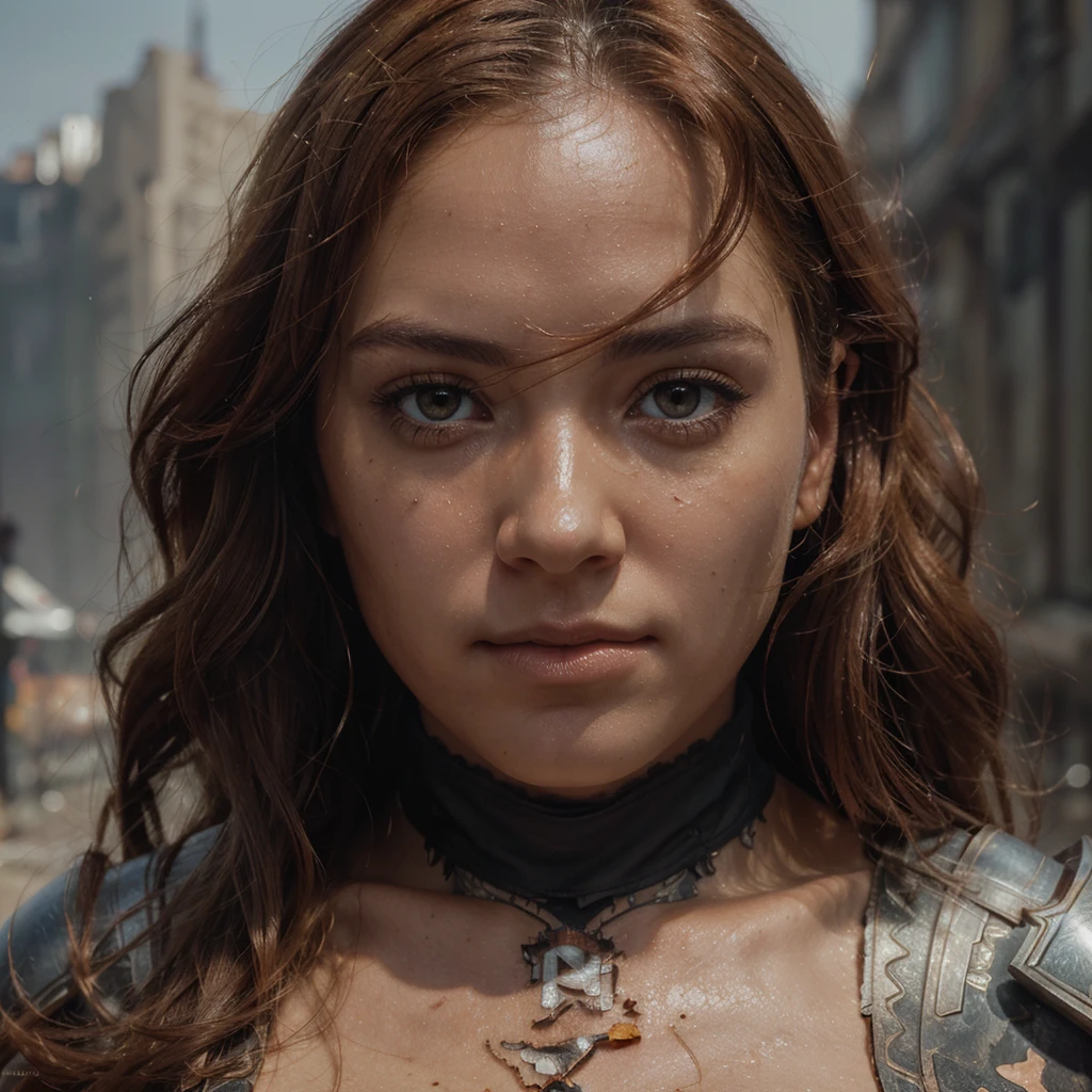 create the image of Men in armor from the middle ages in the mid 1.500, ajoelhados na volta de uma mulher com cabelos vermelhos, as feridas dela, escorria um liquido amarelo, enquanto ela caminhava pelo fogo, os olhos da mulher brilhavam como fogo, olhando para aqueles homens, the scene is with smoke in a region devastated by war.