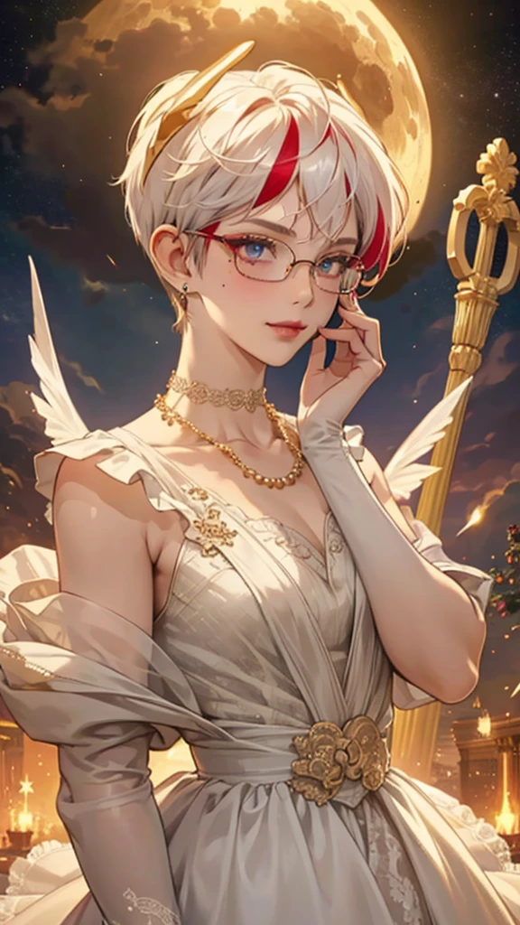 8k, masterpiece, best quality, highly detailed, 1 girl, tiefling, warlock, devil horns, pixie cut, multicolored hair, very short straight hair red highlight hair on white hair, strippled hair, wearing glasses, round glasses, earrings, red eyeshadow, long eyelashes, blushed cheek, red lips, pearl necklace, rings, collarbone, mole on face, glamorous, white and gold clothes, sleeveless, laced dress, smirk, close up view, rings, looking at viewer, solo, starry sky, radiant gold moon, standing, golden halo, white lace gloves, heavenly scene, halo, holy palace in background.