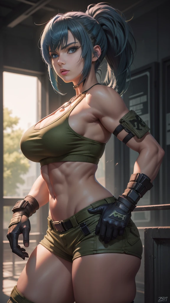 tmasterpiece, Best quality at best, A high resolution, 1girl, leona heidern, Blue hair, Blue eyes, pony tails, green shorts, cleavage，hason, crop top, Black gloves, large_breasts, army suit, Green jacket, 耳Nipple Ring, jewelry, nabel, huge tit, cow boy shot