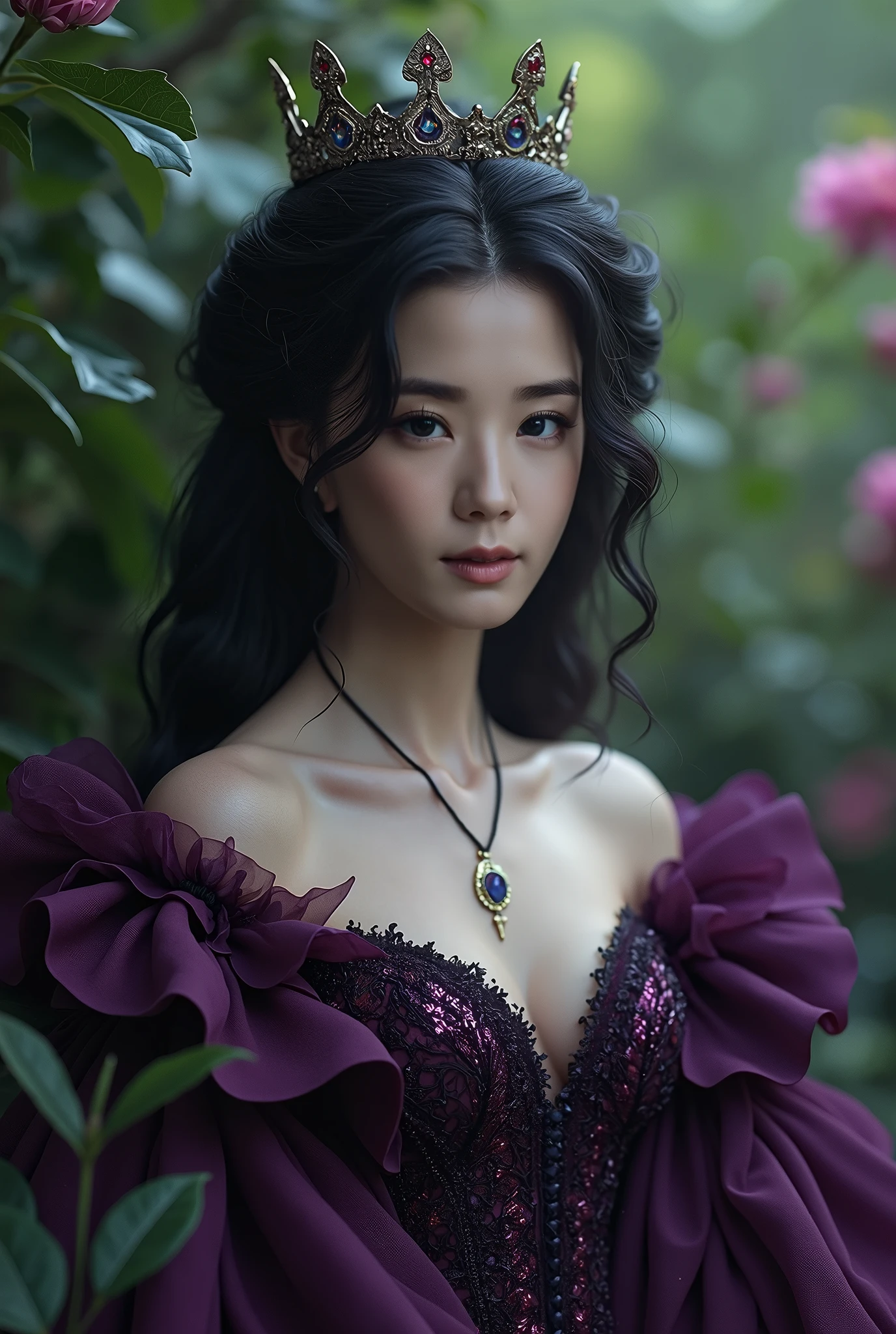 a girl with pink eyes, long purple hair in a high ponytail, liquid hair, dragon girl, flowers, dragon head background, negative space, 1 girl, solo, best quality, 4k, 8k, highres, masterpiece, ultra-detailed, realistic, photorealistic, HDR, UHD, studio lighting, ultra-fine painting, sharp focus, physically-based rendering, extreme detail description, professional, vivid colors, bokeh