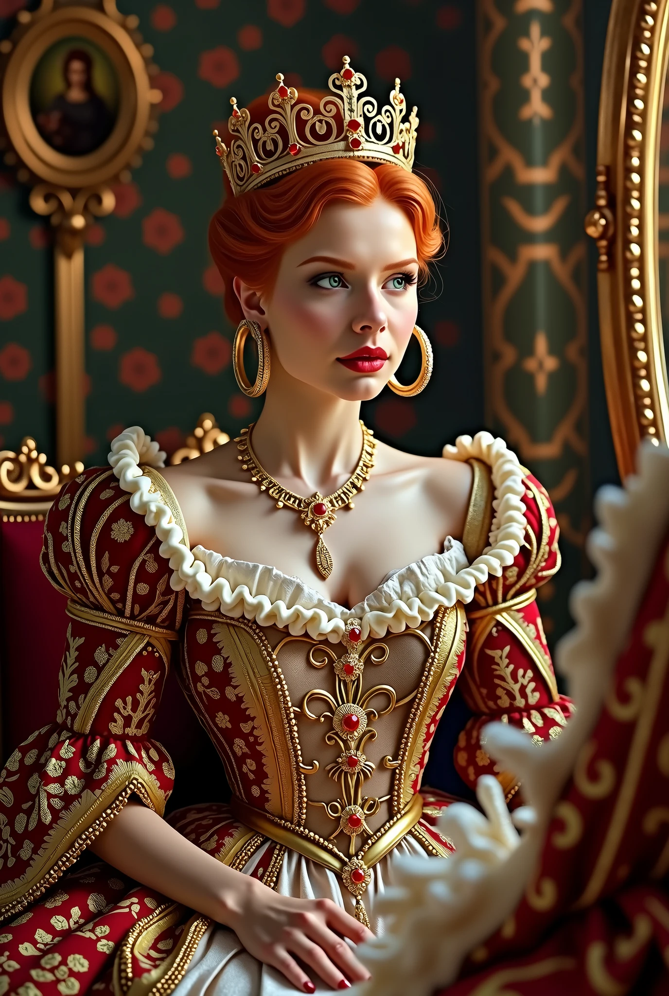 Queen of joy and love (dressed in pinks and deep reds, golden love themed crown), love themed throne, attended to by unicorns and fairies

