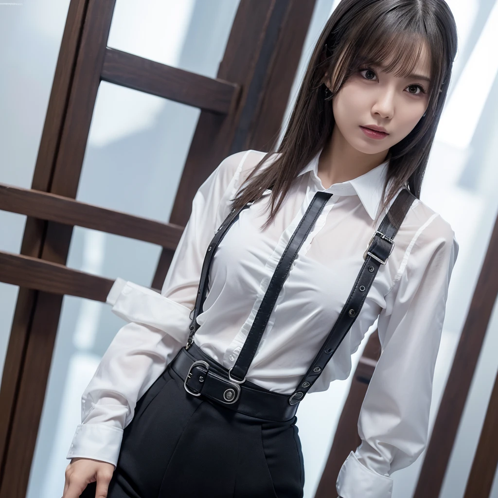 a woman in a suit, belt, hands behind back, sweating, suspenders, black pants, large breasts, see-through clothing, rain, detective, office worker, white button-up shirt, (best quality,4K,8k,highres,masterpiece:1.2),ultra-detailed,(realistic,photorealistic,photo-realistic:1.37),hyper-detailed,highly detailed face and body, slender　thin　suspenders　Moderate breasts　See-through shirt　Nipples　holster　chain　Pistol　Armament　criminal　Female criminal　knife 　 Hands Behind Back　Constraints: A perfect bust, black mask, alone