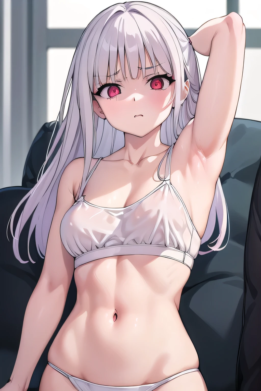 masterpiece, best quality, ultra-high-detailed, disgusted face, white hair, red eyes, sigtuna julie , medium breast, arm behind head, left arm, fit body , bare shoulder, Collarbone , armpit crease , looking to viewer, near shot, focus to armpit, mirroring, front shot, upper body, showing armpit , unpleasure, disdaining , furious , striking eyes, armpit crease, shaded face , on couch, camisole , muscular  , skinny, croptop , Navel , gstring, lying, right armpit , armpit pits