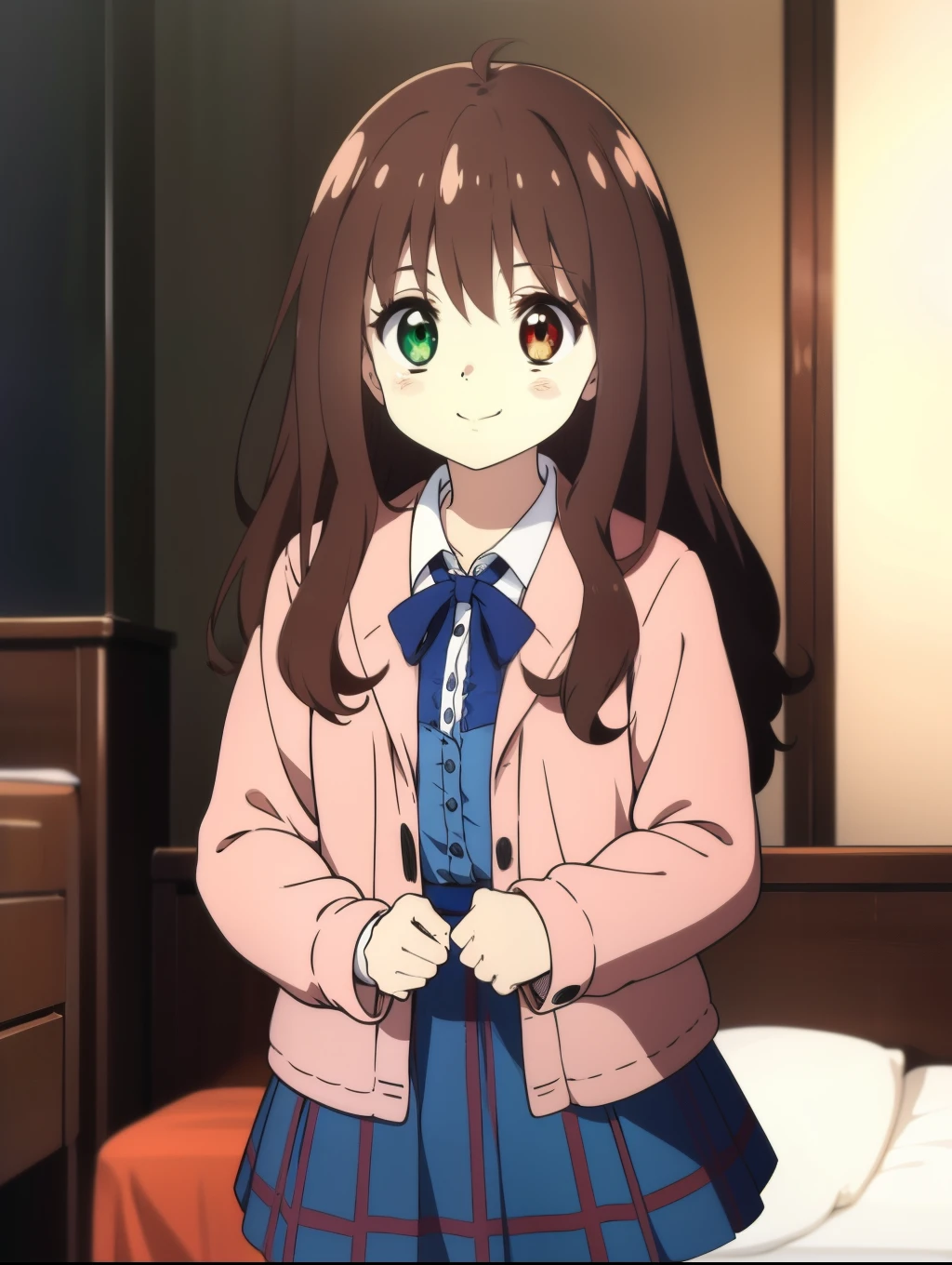 Ai shindou, 1girl, solo, long hair, floating hair, blue skirt, blue uniform, brown hair, long sleeves, spectral body, 1 blue sea eye, 1 green glow eye, heterochromia, cute smile, plaid skirt, ribbon, cowboy Shot,
home in the room,
masterpiece, high quality, very_high_resolution, large_filesize, full color,