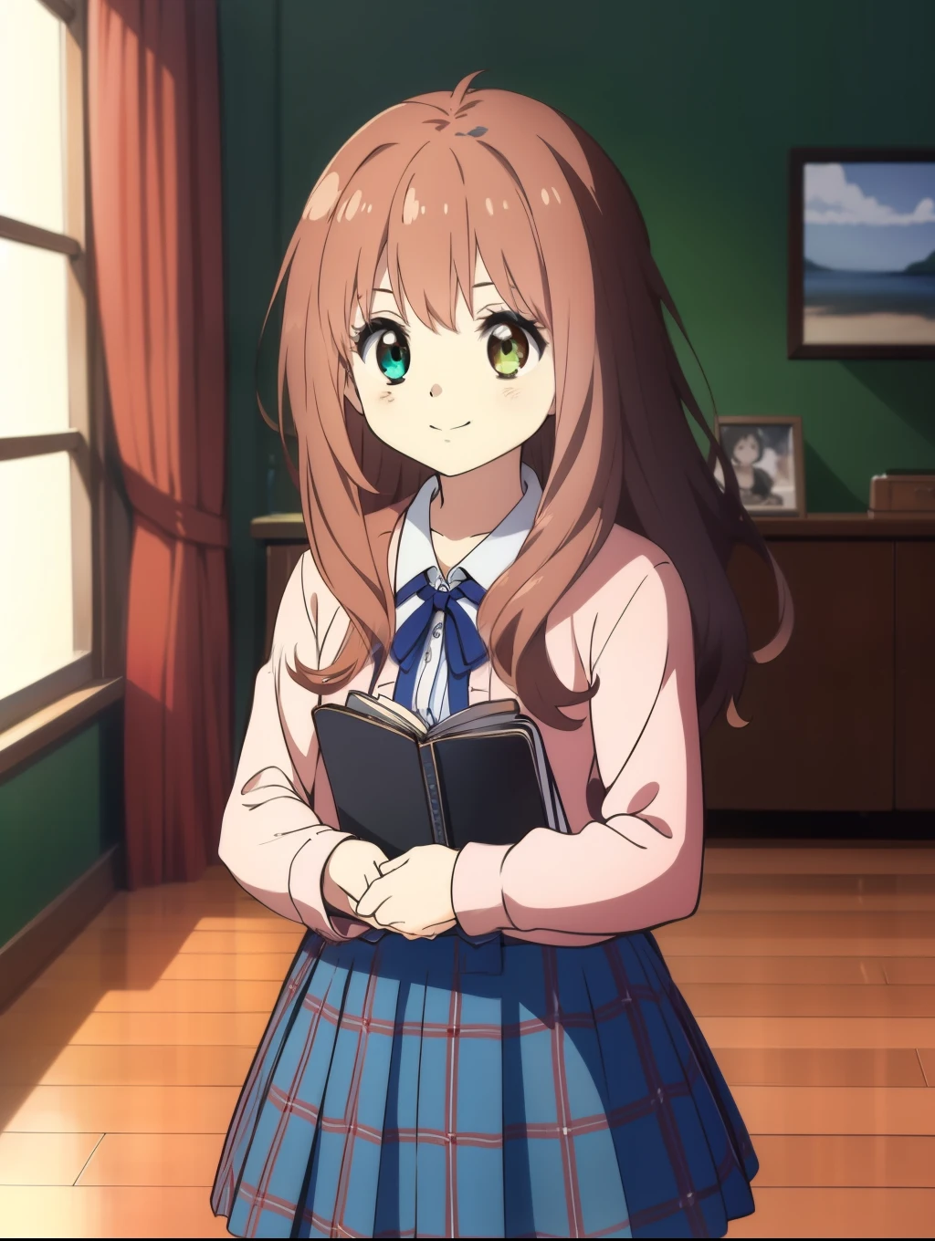 Ai shindou, 1girl, solo, long hair, floating hair, blue skirt, blue uniform, brown hair, long sleeves, spectral body, 1 blue sea eye, 1 green glow eye, heterochromia, cute smile, plaid skirt, ribbon, cowboy Shot,
home in the room,
masterpiece, high quality, very_high_resolution, large_filesize, full color,