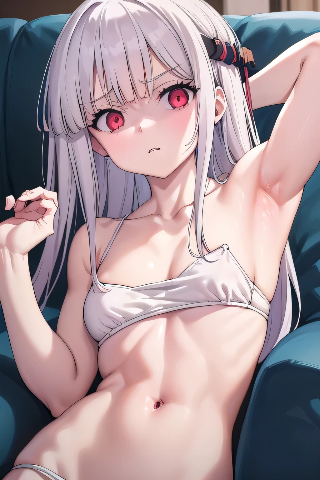 masterpiece, best quality, ultra-high-detailed, disgusted face, white hair, red eyes, sigtuna julie , medium breast, arm behind head, left arm, fit body , bare shoulder, Collarbone , armpit crease , looking to viewer, near shot, focus to armpit, mirroring, front shot, upper body, showing armpit , unpleasure, disdaining , furious , striking eyes, armpit crease, shaded face , on couch, camisole , muscular  , skinny, croptop , Navel , gstring, lying, right armpit , armpit pits