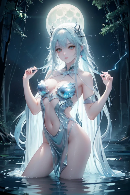 ((the Extremely Detailed CG Unity 8K Wallpapers)), masutepiece, Ultra-detailed, floating,,High resolution, The princess celebrates the first night of the newlyweds,Sexually suggestive, (Petite, ridiculously long gray hair, Princess, White Devil Taoism, Blue eyes, Blushing, Shy,On a gorgeous bed,Better exposure,Skinny Legs,Body with soft surface,Align your fingers,Open your crotch,Embarrassing full nudity,Chest exposed,Wash your body at a waterfall at night,hiding chest with hands,dark ilumination(moonlights),see -through,Align your fingers,sodden,