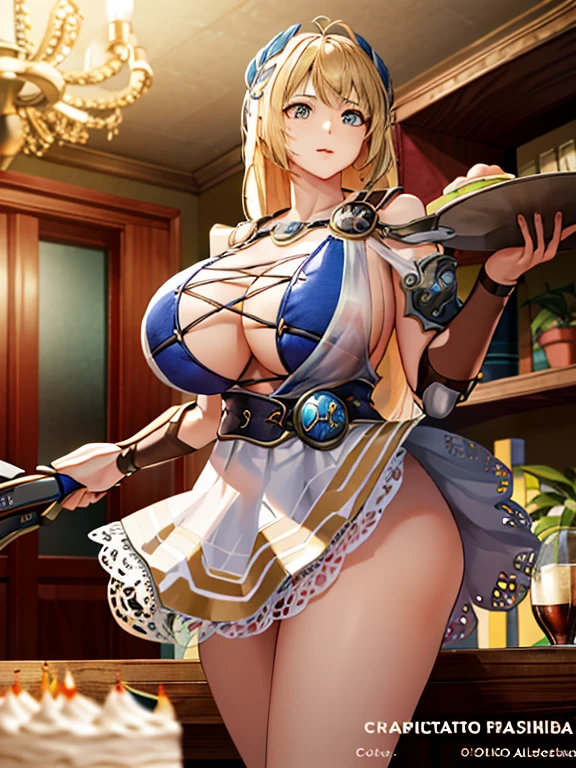 masterpiece, highest quality, Sophitia Alexandre,birthday,birthday cake,inside the house,light blue sleeveless,mini skirt, gigantic breast