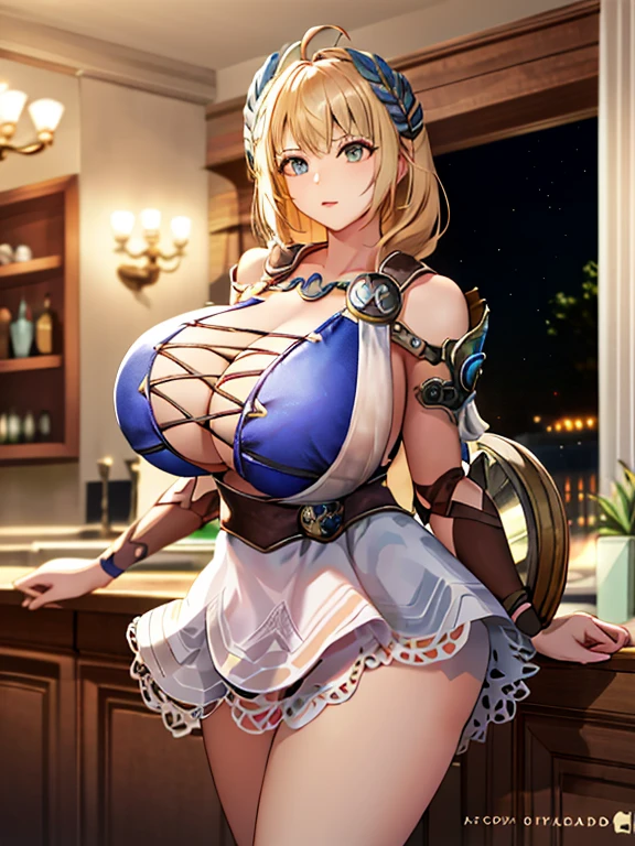 masterpiece, highest quality, Sophitia Alexandre,birthday,birthday cake,inside the house,light blue sleeveless,mini skirt, gigantic breast