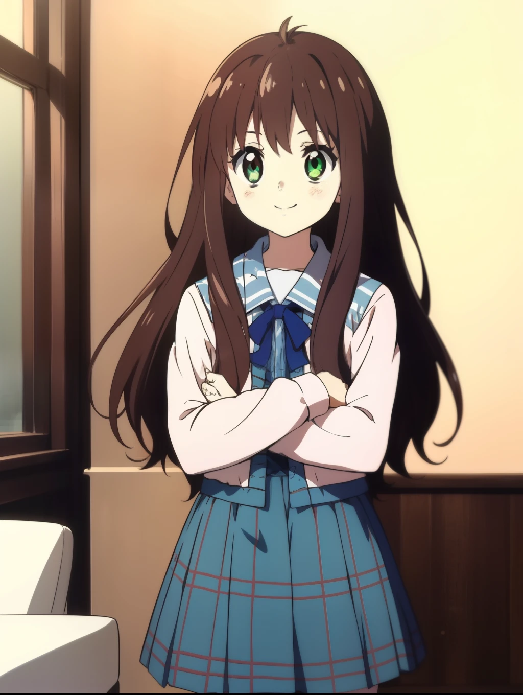 Ai shindou, 1girl, solo, long hair, floating hair, blue skirt, blue uniform, brown hair, long sleeves, spectral body, 1 blue sea eye, 1 green jade eye, heterochromia, cute smile, plaid skirt, ribbon, cowboy Shot,
Blue flame in the room,
masterpiece, high quality, very_high_resolution, large_filesize, full color,