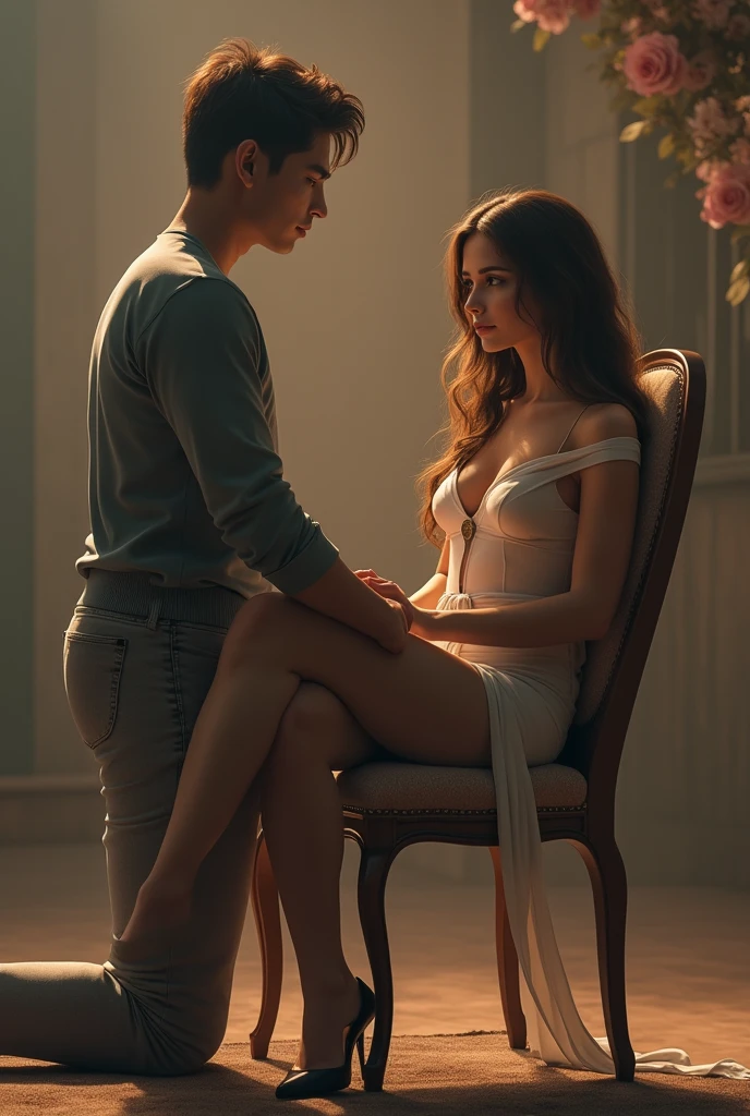A step mom sitting on a table and her step son on a chair(sexual tension)