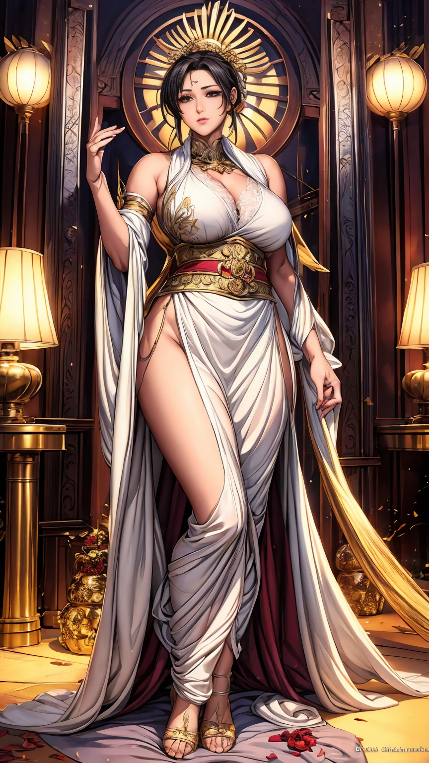 The photo shows a woman wearing a long white dress decorated with gold.. The overall design of the dress exudes intricate luxury and elegance, with delicate details such as gold embroideries on the chest and waist.. The dress features a side slit that reaches the thigh, giving it a bold and elegant touch..

The woman in the picture is wearing a crown or golden headpiece that matches the dress, enhancing her royal or aristocratic character.. Her long, perfectly styled hairdo adds to her overall aesthetic..

The position a woman takes with one hand resting on a surface suggests confidence and dignity.. Its location in an enclosed space decorated with columns and classical architectural details adds to the luxurious atmosphere of the image..

The artistic character of the image tends towards classicism with a touch of fantasy.. The lighting highlights the details of the dress and the woman&#39;s features, adding depth and dimension to the image.. The primary colors used are white and gold, colors often associated with luxury and royalty..

The balance between the dress details, accessories, and color coordination creates an overall impression of sophistication and luxury, making the image express a combination of traditional beauty and royal ambition..