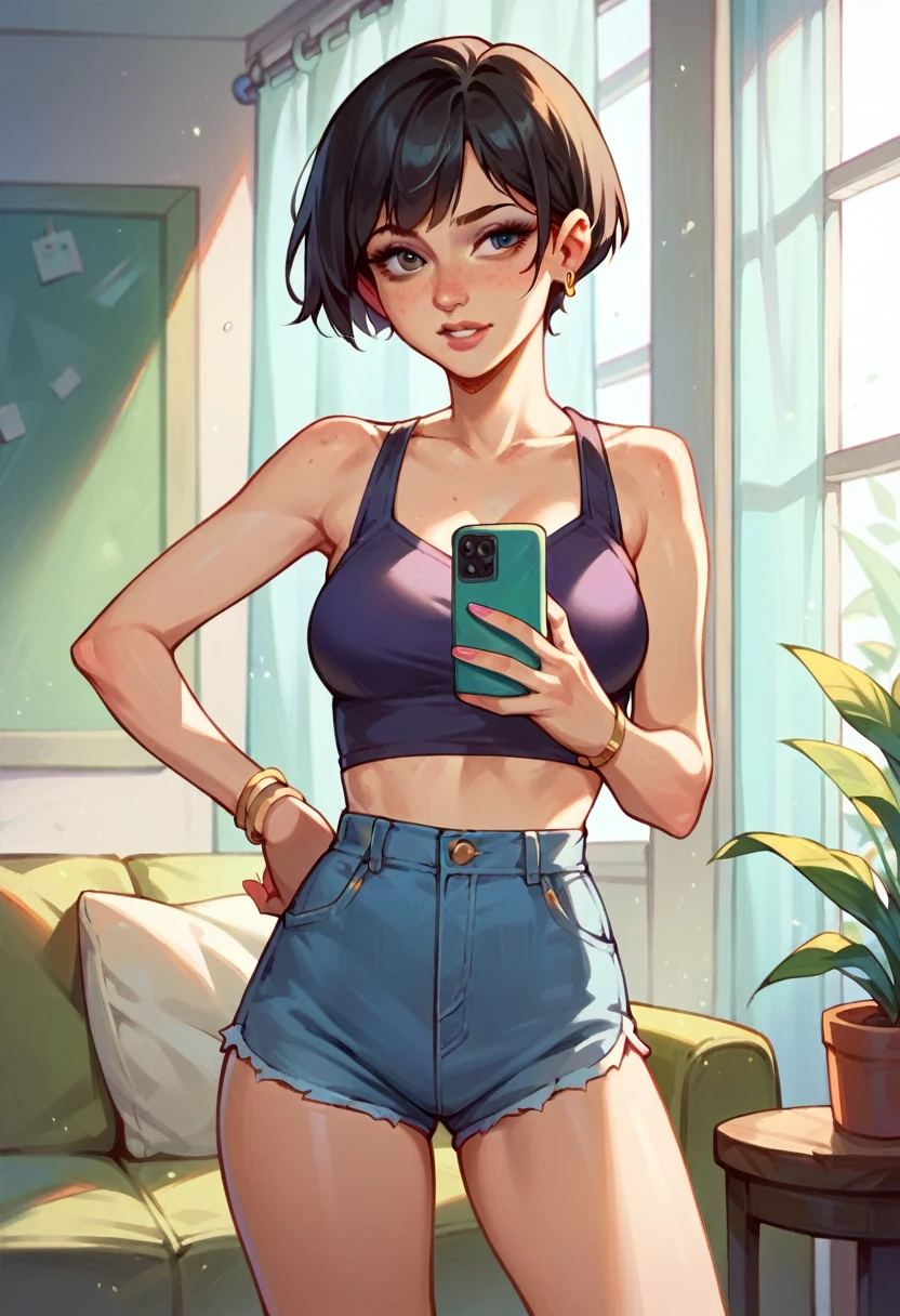 There's a woman who's taking a selfie in a room, cabelo curto no ombros, cabelo castanho
