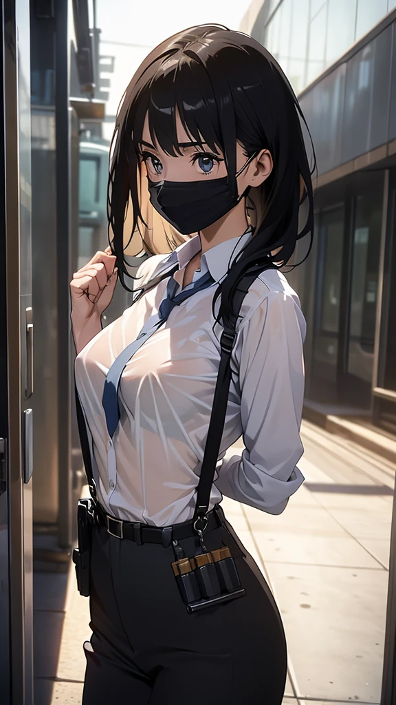 a woman in a suit, belt, hands behind back, sweating, suspenders, black pants, large breasts, see-through clothing, rain, detective, office worker, white button-up shirt, (best quality,4K,8k,highres,masterpiece:1.2),ultra-detailed,(realistic,photorealistic,photo-realistic:1.37),hyper-detailed,highly detailed face and body, slender　thin　suspenders　Moderate breasts　See-through shirt　Nipples　holster　chain　Pistol　Armament　criminal　Female criminal　knife 　 Hands Behind Back　Constraints: Moderate chest, black mask, alone, hands behind back　Constraints　Cable ties
