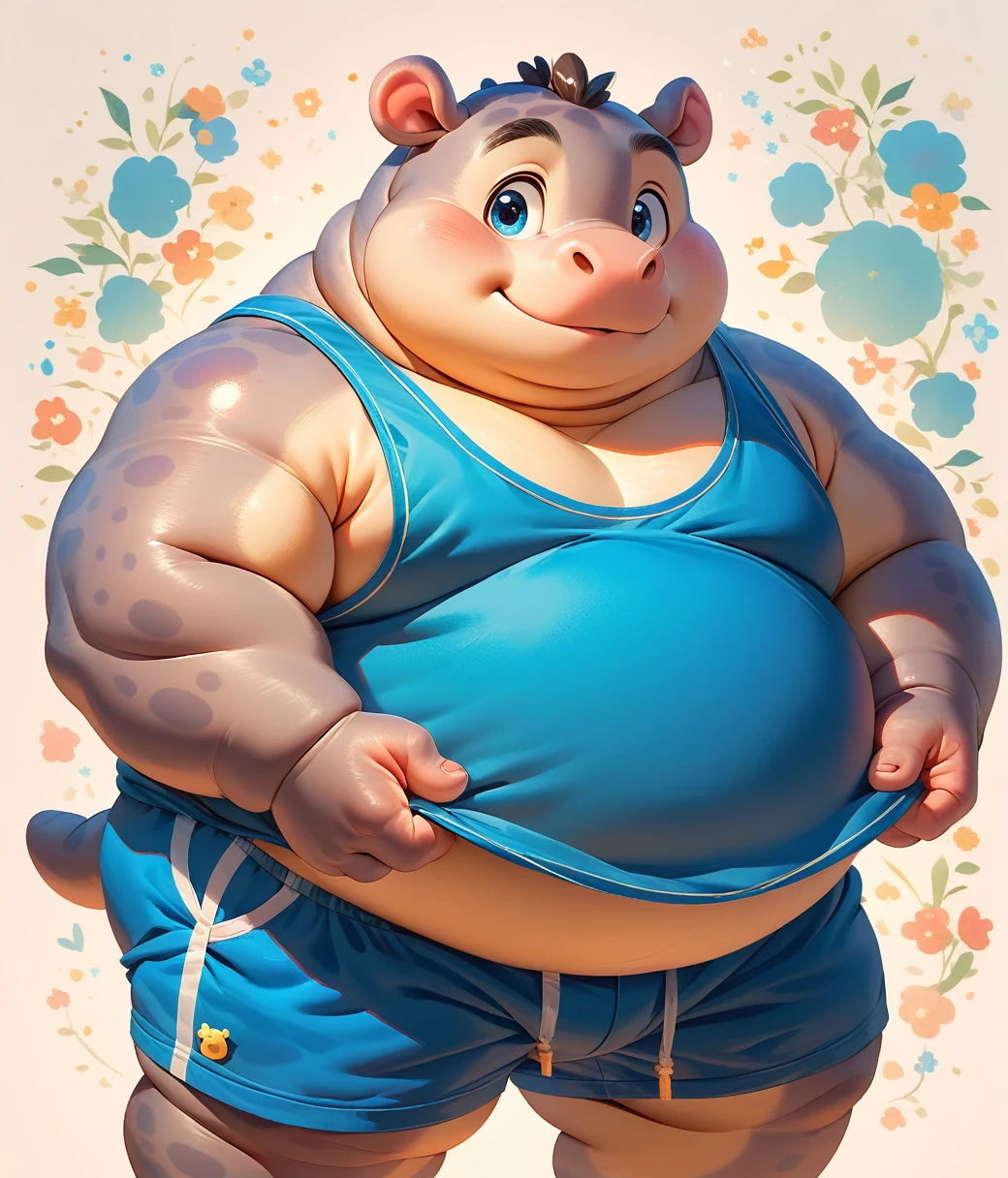 (cute, Obese, male, anthro, hippo cub), cutepets, ((blue eyes, blue tank top, blue boxers)), hires textures, highly detailed, intricate details, best quality, masterpiece, detailxl
