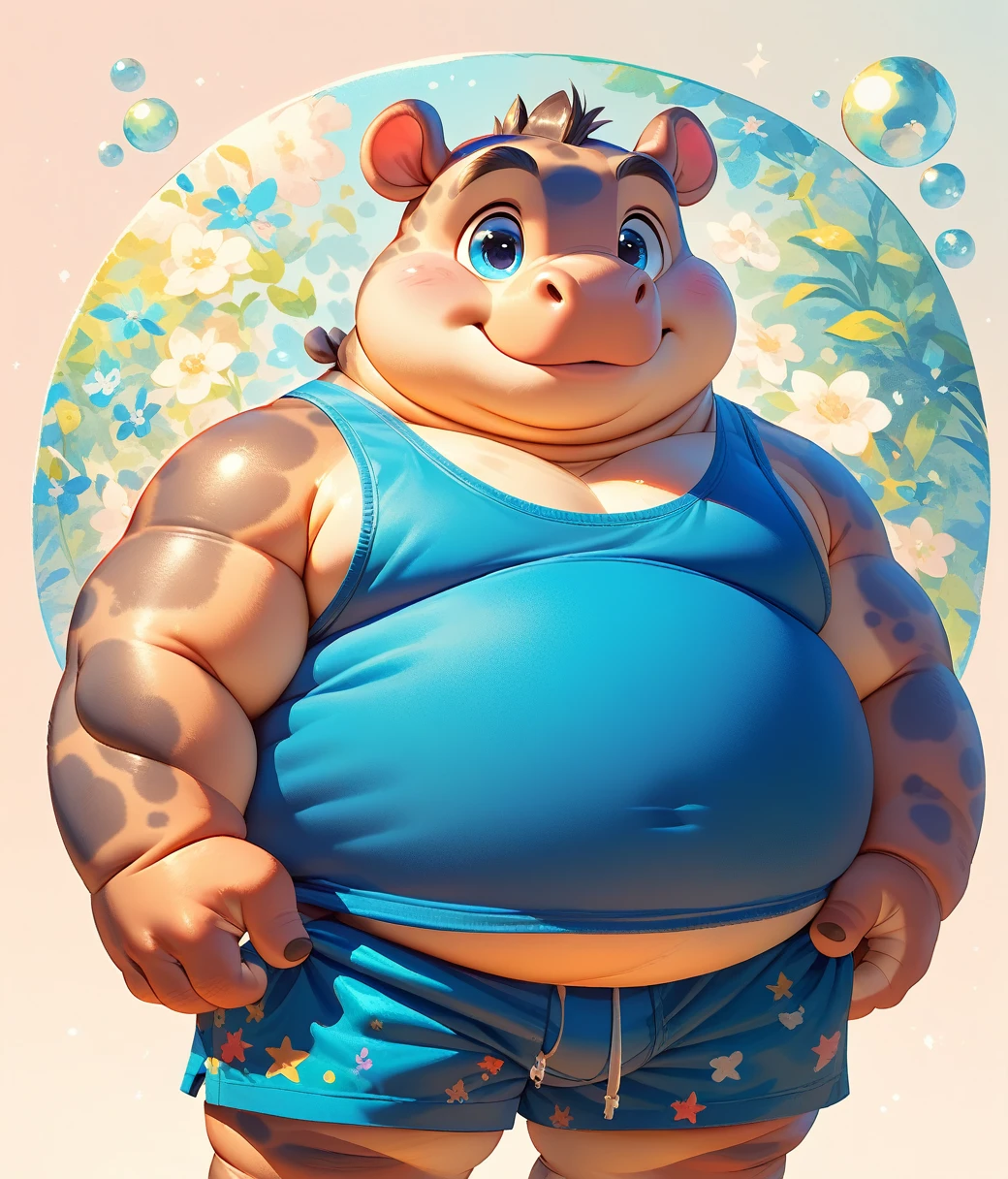 (cute, Obese, male, anthro, hippo cub), cutepets, ((blue eyes, blue tank top, blue boxers)), hires textures, highly detailed, intricate details, best quality, masterpiece, detailxl
