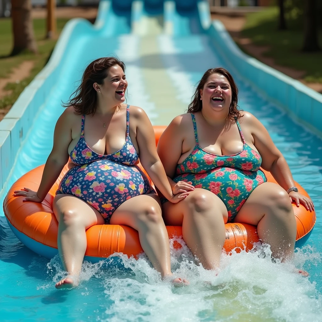 young fat ssbbw pear shaped British woman tightly stuck in a small playground tunnel wearing one piece bodysuits, smiling, she is with her fat ssbbw girlfriend, they are being pulled out by their girlfriends