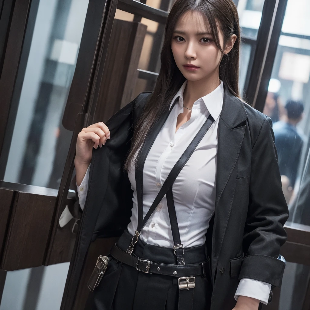 a woman in a suit, belt, hands behind back, sweating, suspenders, black pants, large breasts, see-through clothing, rain, detective, office worker, white button-up shirt, (best quality,4K,8k,highres,masterpiece:1.2),ultra-detailed,(realistic,photorealistic,photo-realistic:1.37),hyper-detailed,highly detailed face and body, slender　thin　suspenders　Moderate breasts　See-through shirt　Nipples　holster　chain　Pistol　Armament　criminal　Female criminal　knife 　 Hands Behind Back　Constraints: Moderate chest, black mask, alone, hands behind back　Constraints　Cable ties
