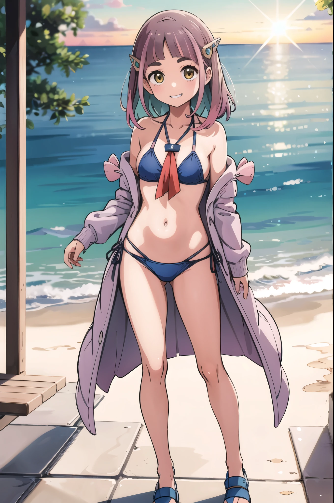 Lacey - Pokemon、masterpiece, best quality, official art, professional artwork, highres, lens flare, (vibrant_color:1.2), 1girl, solo, lacey, medium hair, standing, smile, ((cute bikini)),Beach,sunset, grin, medium breast,