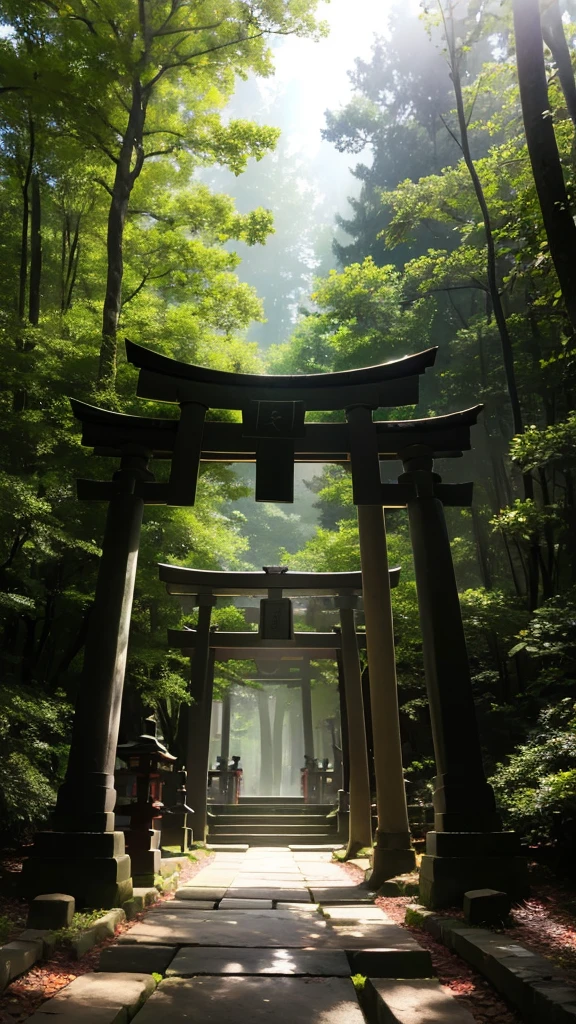 explanation: In a secluded forest, Sunlight penetrates through the dense canopy, Casts a magical glow on the forest floor. Towering Tree々に囲まれている朱色のtorii, Mysterious shadows come to life, Those who listen々whisper a secret to. The mysterious charm of whispering shadows、Capture the interplay of light and dark in this mystical setting。.(shrine) (torii) 