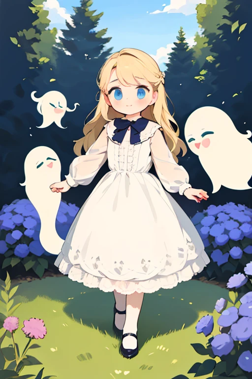 Virginia Otis,  (Blonde, blue eyes), thin, Cute Face, An evening stroll at Canterville Castle (novel「ghost of canterville」Inspired by). 1887, Victorian Dark Fantasy