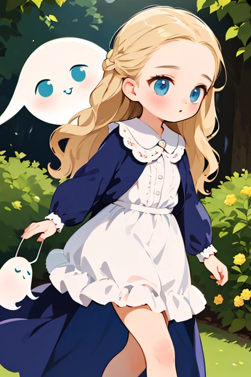 Virginia Otis,  (Blonde, blue eyes), thin, Cute Face, An evening stroll at Canterville Castle (novel「ghost of canterville」Inspired by). 1887, Victorian Dark Fantasy