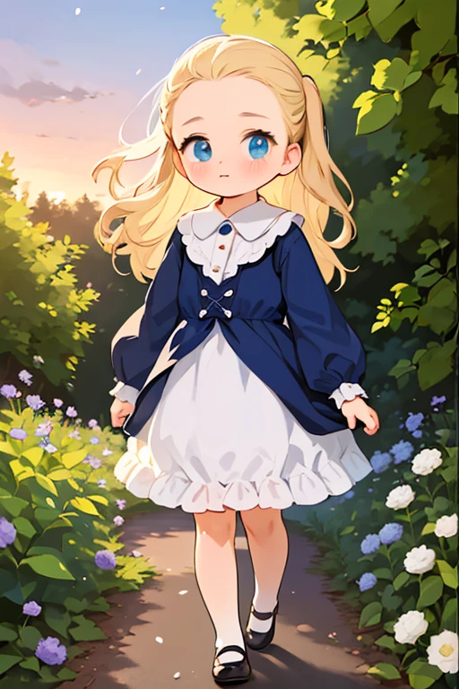 Virginia Otis,Very young ，1 person， (Blonde, blue eyes), thin, Cute Face, An evening stroll at Canterville Castle (novel「The Canterville Ghost」Inspired by). 1887, Victorian Dark Fantasy