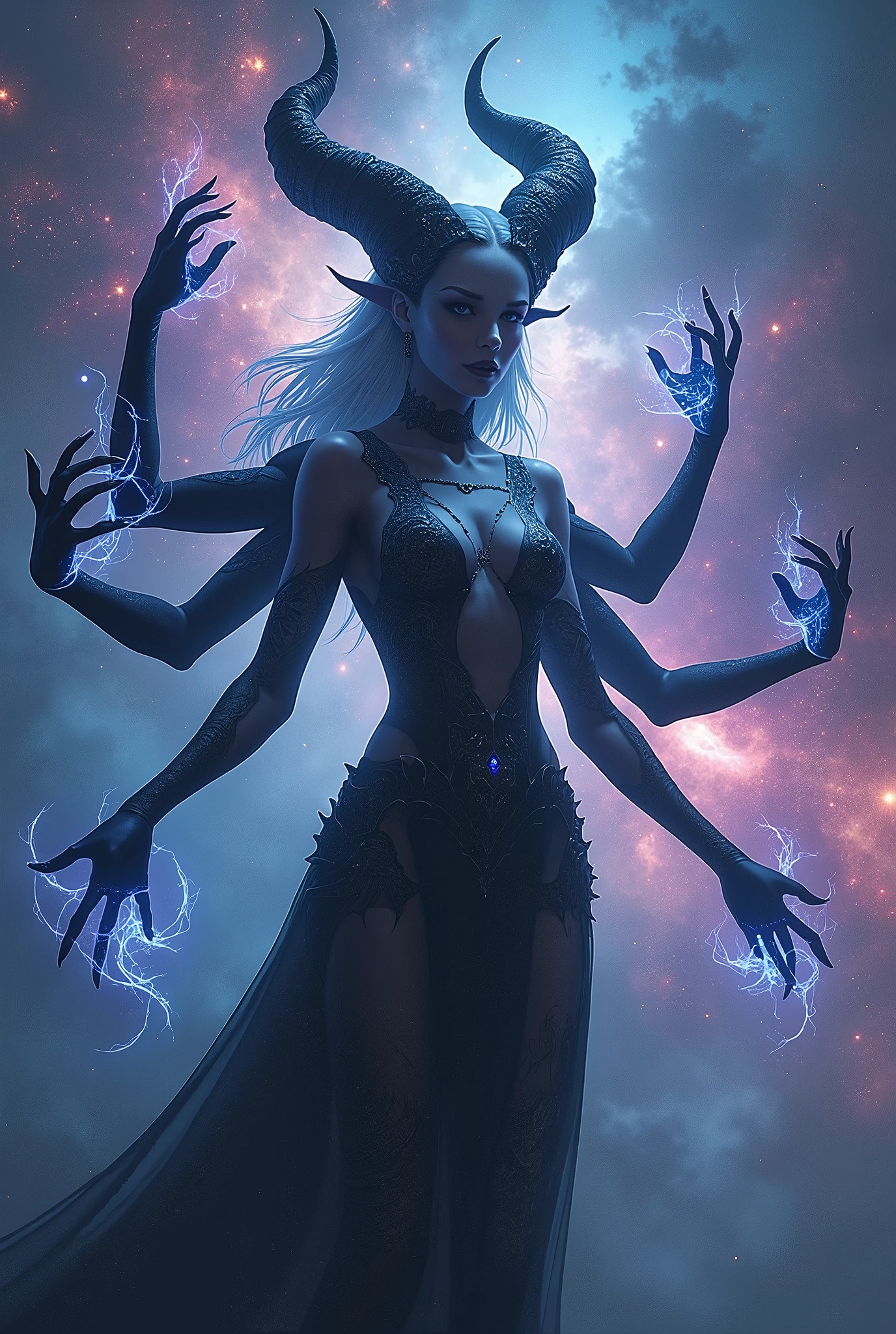 An amazingly stunning demon woman with six arms, in the Galaxy