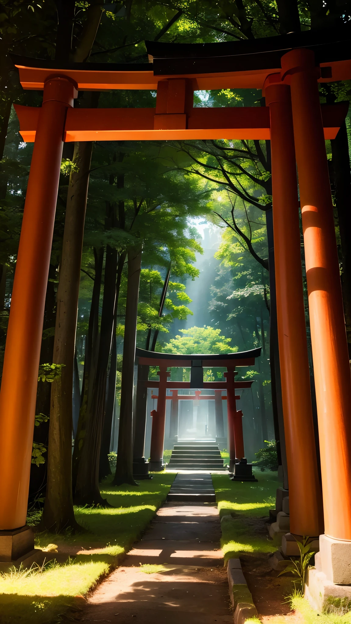 explanation: In a secluded forest, Sunlight penetrates through the dense canopy, Casts a magical glow on the forest floor. Towering Tree々に囲まれている朱色のtorii, Mysterious shadows come to life, Those who listen々whisper a secret to. The mysterious charm of whispering shadows、Capture the interplay of light and dark in this mystical setting。.(shrine) (torii) 