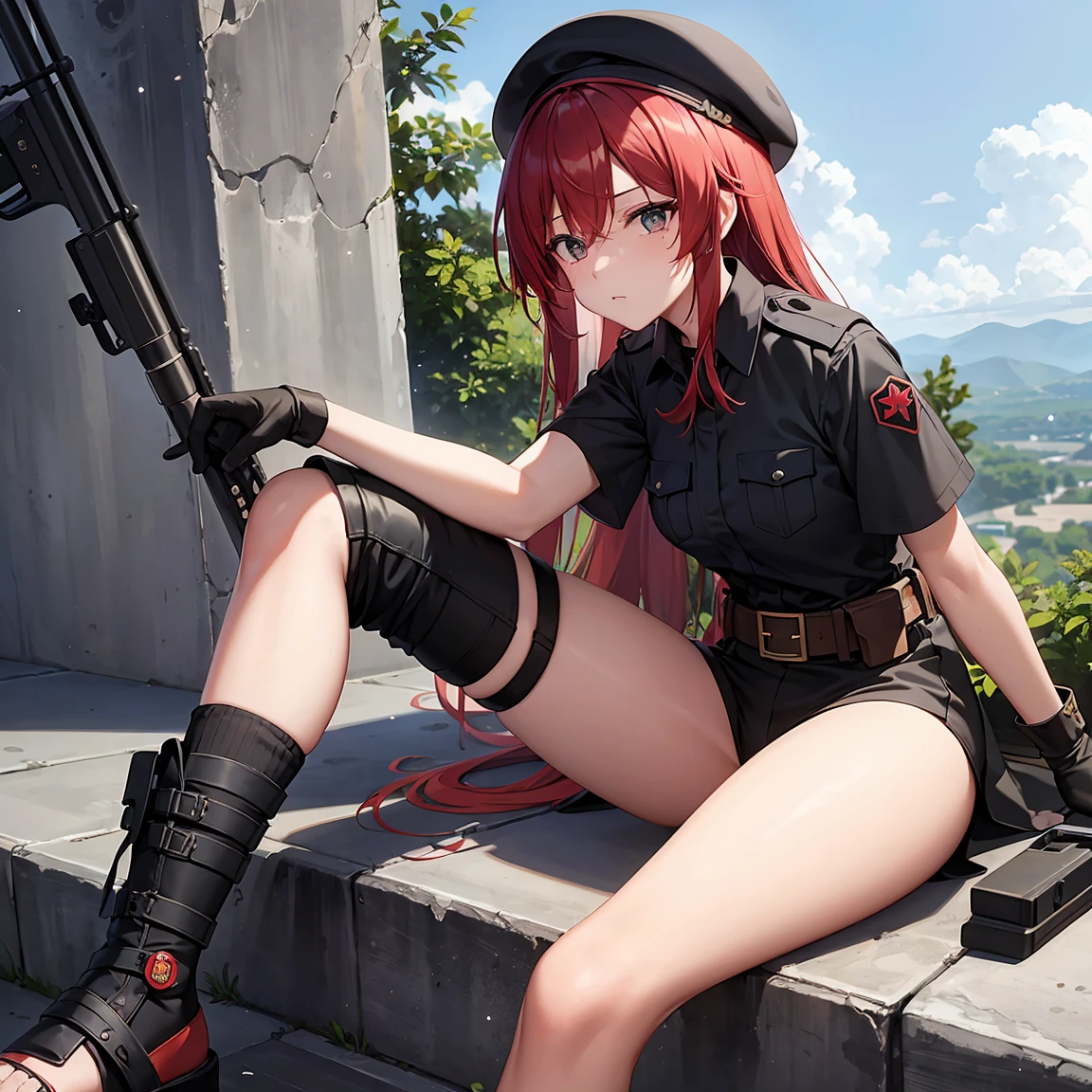 

"A sniper, positioned at a high point, aiming with his sniper rifle. She has long red hair and wears an extremely short military outfit similar to a bikini.,a short black short sleeve shirt and short black shorts. She wears long socks that go up to her knees and is barefoot., with gloves, and a small beret that completes your look,the clothes have details of leaves and small tears,she&#39;s lying down"