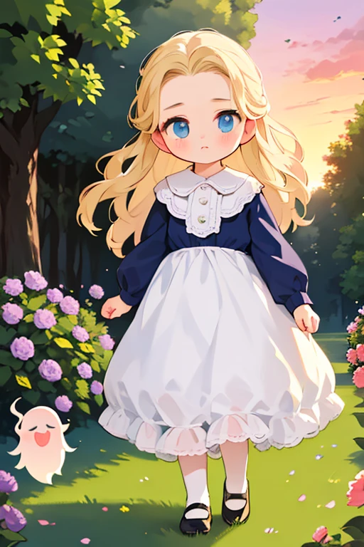 Virginia Otis,Very young ，1 person， (Blonde, blue eyes), thin, Cute Face, An evening stroll at Canterville Castle (novel「ghost of canterville」Inspired by). 1887, Victorian Dark Fantasy，At dusk，Beautiful sunset，