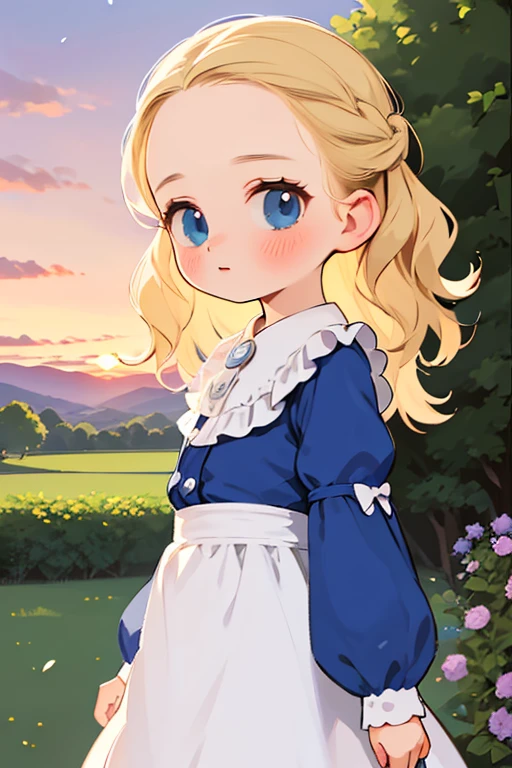 Virginia Otis,Very young ，1 person， (Blonde, blue eyes), thin, Cute Face, An evening stroll at Canterville Castle (novel「ghost of canterville」Inspired by). 1887, Victorian Dark Fantasy，At dusk，Beautiful sunset，