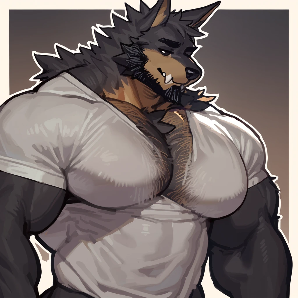 Black bara wolf, black fur, very large pecs, strong physique, very muscular, perfect anatomy, masterpiece, black beard, black eyes, strong jaw, giant biceps, shirtless, hairy pectorals, solo, great lighting, by bebebebe, by ZIXiong, by zackary911, by SligarTheTiger, by RED8EAN, white outline, white shirt