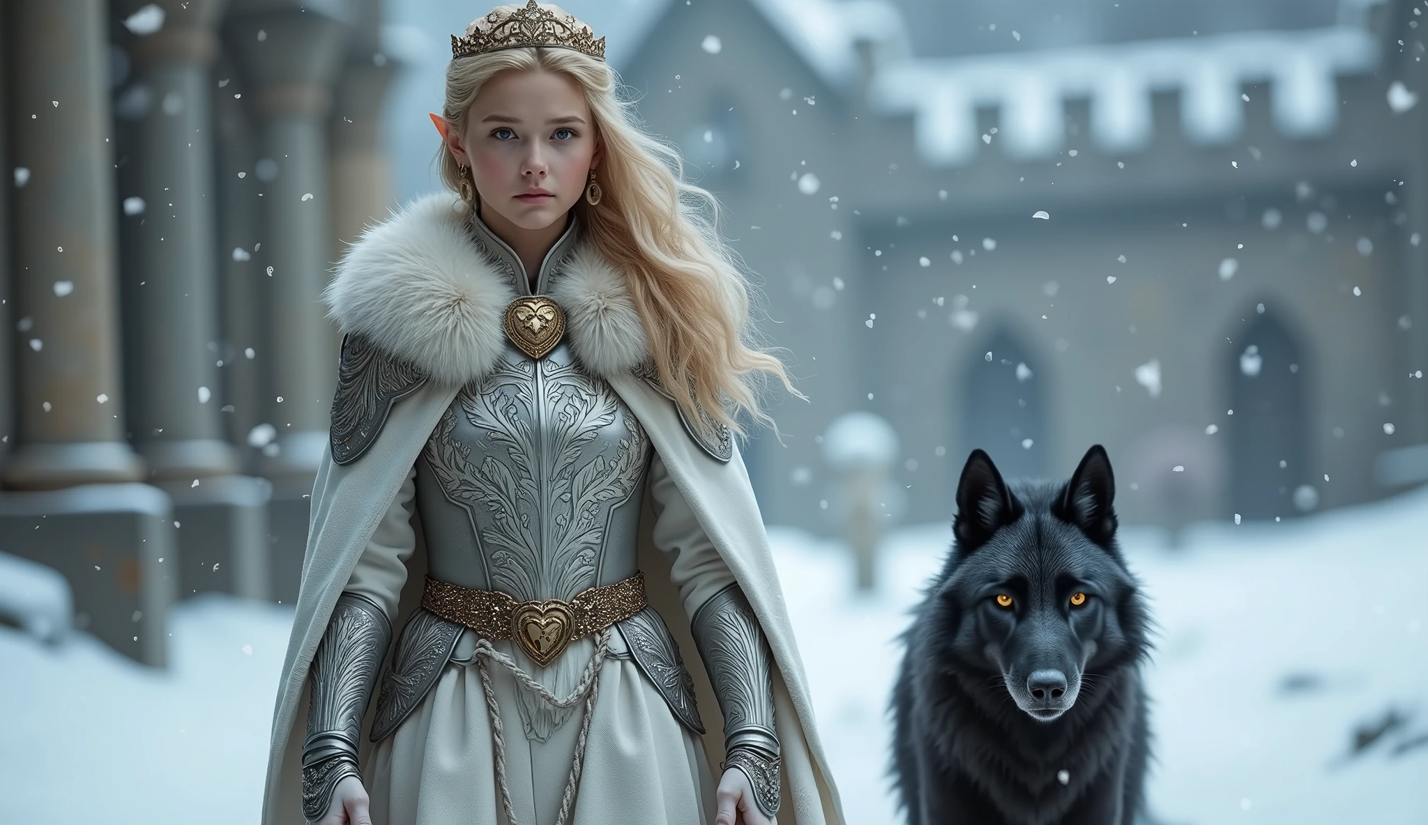 In this wintery scene, we see the young 1 elf Princess Saoirse walking through the castle courtyard, followed by her black dire wolf guardian. Their fur lined white cloak is worn over her skin tight armor. Their armor is adorned with a silver ivy pattern running from the ankles to their shoulders. She is wearing a small gold tiara set with a heart shaped gold topaz. she has her hood pulled up to protect their heads from the falling snow as locks of herr flowing blonde hair have slipped out from under the hood and are gently blown by the breeze.