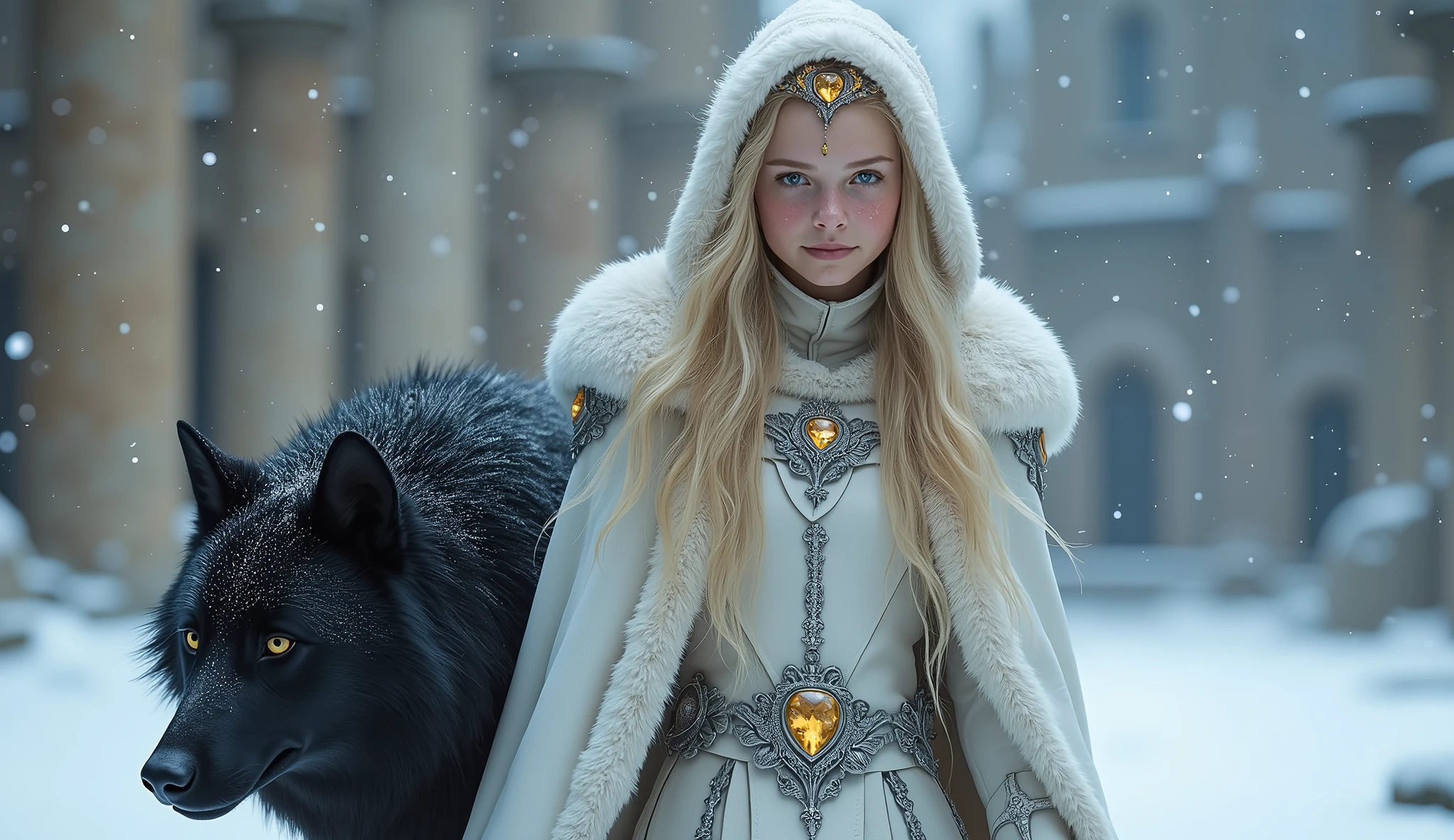 In this wintery scene, we see the young 1 elf Princess Saoirse walking through the castle courtyard, followed by her black dire wolf guardian. Their fur lined white cloak is worn over her skin tight armor. Their armor is adorned with a silver ivy pattern running from the ankles to their shoulders. She is wearing a small gold tiara set with a heart shaped gold topaz. she has her hood pulled up to protect their heads from the falling snow as locks of herr flowing blonde hair have slipped out from under the hood and are gently blown by the breeze.