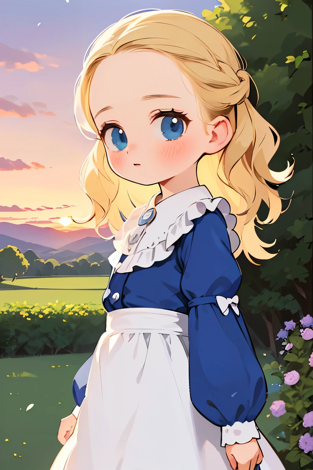 Virginia Otis,Very young ，1 person， (Blonde, blue eyes), thin, Cute Face, An evening stroll at Canterville Castle (novel「The Canterville Ghost」Inspired by). 1887, Victorian Dark Fantasy，At dusk，Beautiful sunset，