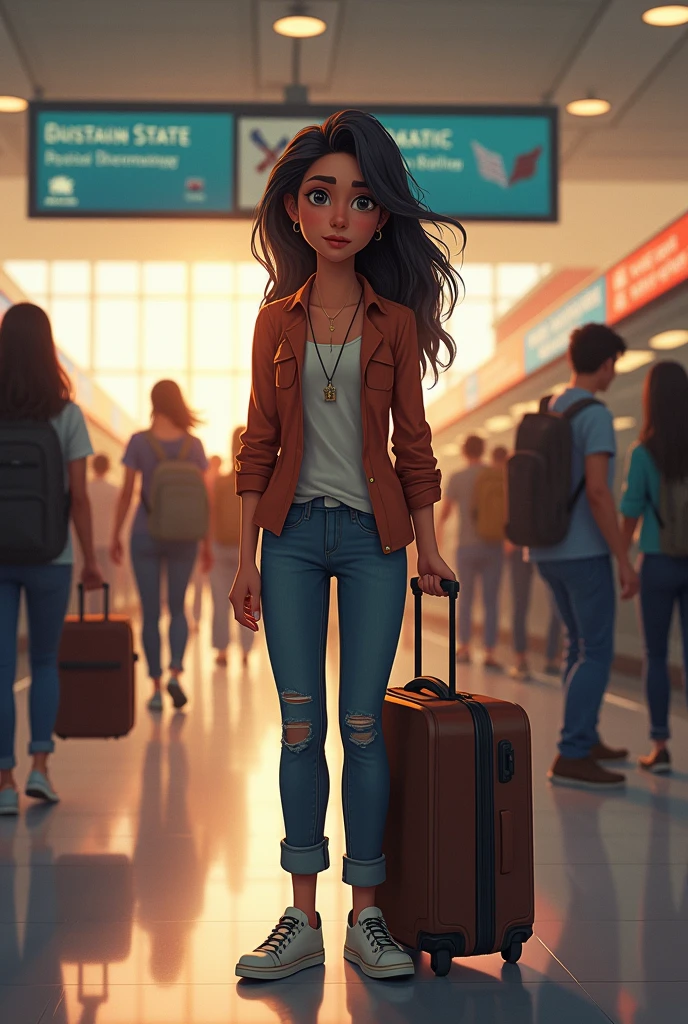 Maria Arriving in the U.S.:Image Prompt: Maria, now in a slightly more modern outfit (simple jeans and a shirt), arrives at a U.S. airport or bus station. She’s holding her suitcase, and her facial expression reflects a mix of hope and nervousness. Her hair and overall appearance remain consistent.