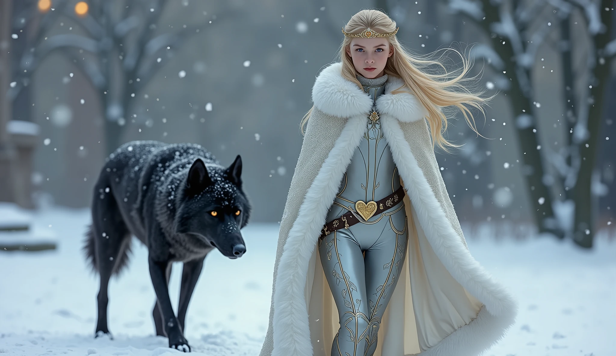 In this wintery scene, we see the young 1 elf Princess Saoirse walking through the castle courtyard, followed by her black dire wolf guardian. Their fur lined white cloak is worn over her skin tight armor. Their armor is adorned with a silver ivy pattern running from the ankles to their shoulders. She is wearing a small gold tiara set with a heart shaped gold topaz. she has her hood pulled up to protect their heads from the falling snow as locks of herr flowing blonde hair have slipped out from under the hood and are gently blown by the breeze.