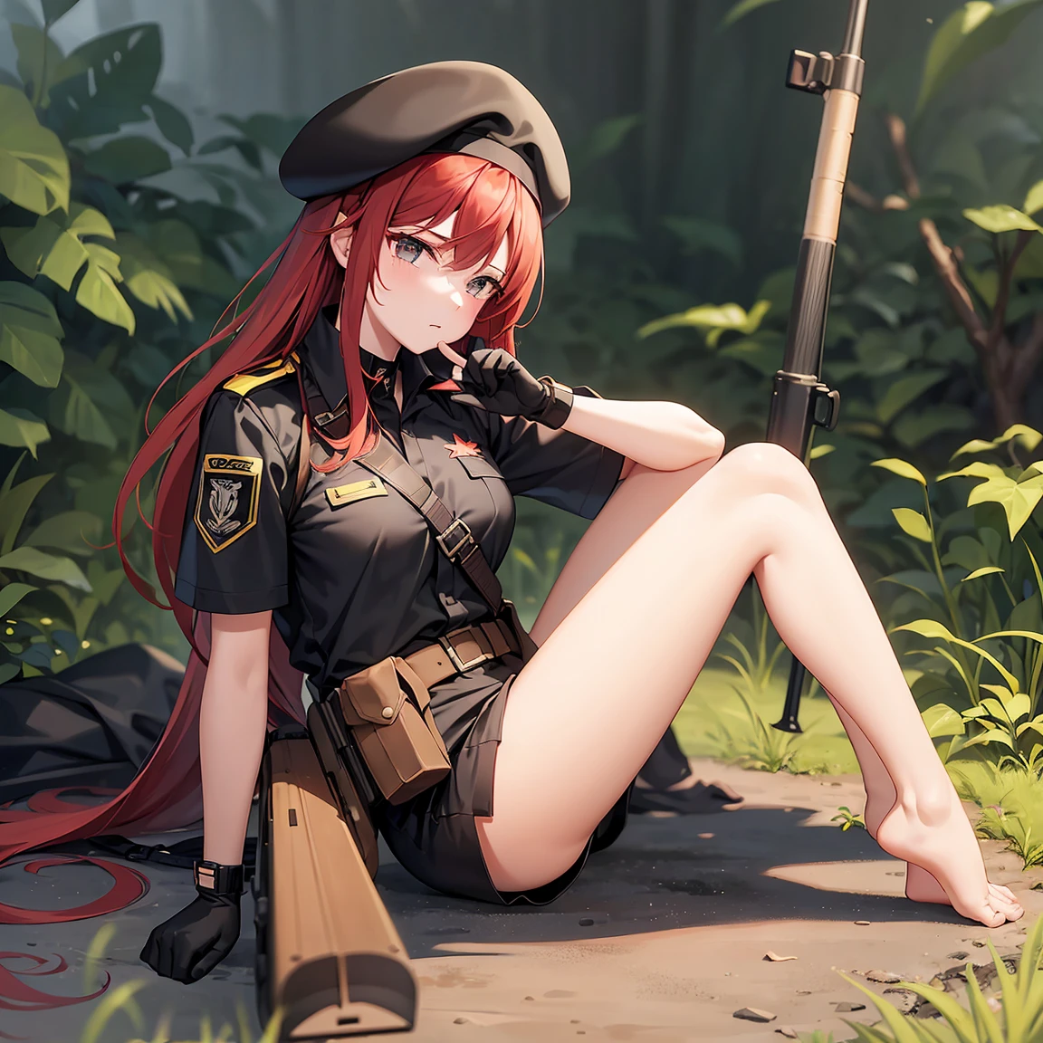 

"A sniper, positioned at a high point, aiming with his sniper rifle. She has long red hair and wears an extremely short military-style bikini-like outfit.,a short black short sleeve shirt and short black shorts. She wears long socks that go up to her knees and is barefoot., with gloves, and a small beret that completes your look,the clothes have details of leaves and small tears,she&#39;s lying down"