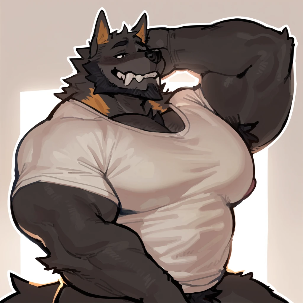 Black bara wolf, black fur, very large pecs, strong physique, very muscular, perfect anatomy, masterpiece, black beard, black eyes, strong jaw, giant biceps, hairy pectorals, solo, great lighting, by bebebebe, by ZIXiong, by zackary911, by SligarTheTiger, by RED8EAN, white outline, white shirt