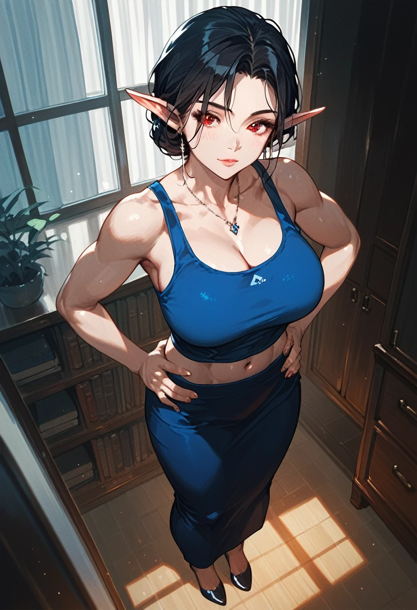 , score_9,score_8_up,score_7_up, mature elf , White skin, red eyes, short black hair, toned body,  wearing a blue tank top and long skirt, hands on hips, high angle shot, indoors, inside of a room, nighttime 