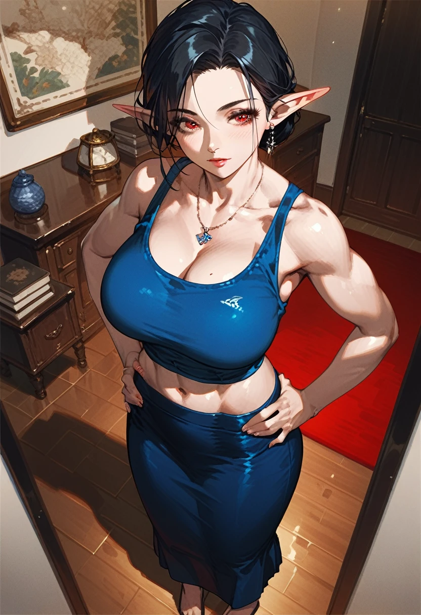 , score_9,score_8_up,score_7_up, mature elf , White skin, red eyes, short black hair, toned body,  wearing a blue tank top and long skirt, hands on hips, high angle shot, indoors, inside of a room, nighttime 