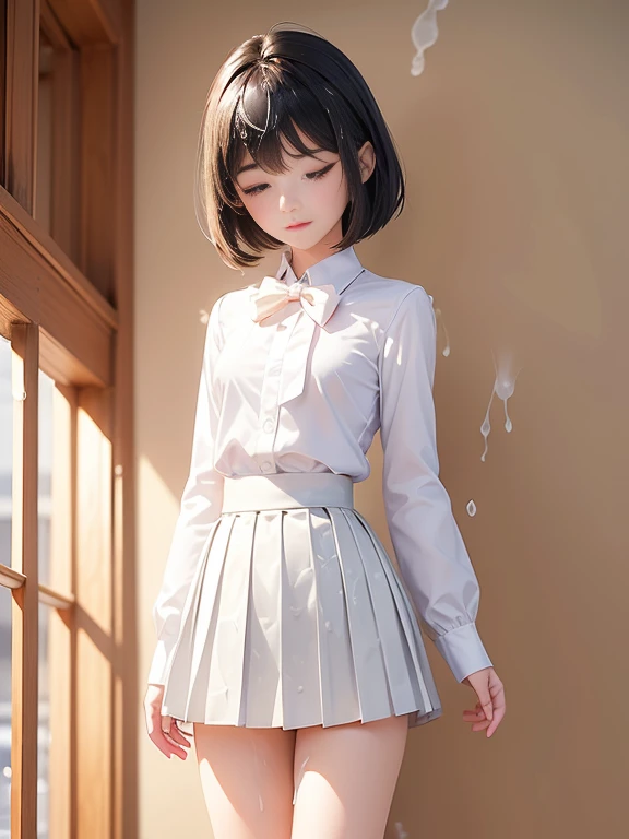 (masterpiece、Highest quality:1.7)、(12 years old:1.5)、(Shot from the ankle up:1.3)、Bobcut、Black Hair、85mm、16K、Official Art、RAW Photos、Best Beautiful Faces、Close-up、Violet、Gardenia、((The best beautiful girl、very cute))、Red blush on cheeks、((In the office))、(Are standing:1.8)、Film Grain、Chromatic Aberration、Sharp Focus、(((Nice hands、Perfect hands、Perfect Fingers、Thin and delicate fingers、A perfect body without flaws)))、Detailed face、(Slender body:1.5)、(Slender body:1.3)、(Slim upper body:1.2)、(Small and flat bust:1.7)、(Narrow thighs:1.3)、(Let your bangs hang down:1.8)、(Blushing:1.8)、(Low contrast lighting:1.4)、(襟t付きのwhiteタイトビジネスシルクブラウス:1.5)、((white)Bowtie blouse:1.5)、(Long sleeve: 1.4)、(The length is very short(white)Pleated mini skirt:1.7)、(whiteスクールソックス:1.5),(Cover your chest with your palms:1.7),(The wind is blowing up her skirt:1.8),(Low angle from below:1.6)