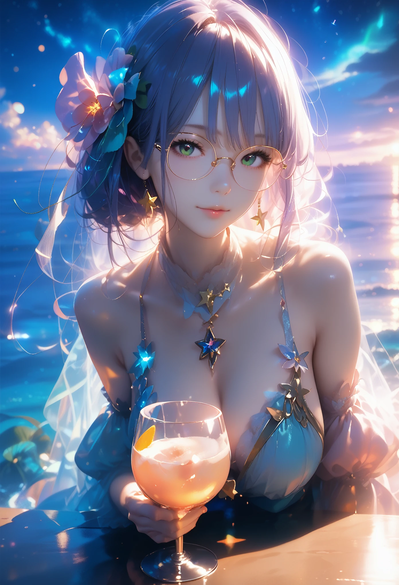 Anime Girl Alone Sitting at a Table Holding a Glass in Her Hand Wearing Glasses Beautiful Figure Very Beautiful Lush Hair, against the backdrop of the sea and summer beach, Night Stars very many stars, Beautiful Painting Bright Colors, Night Lights shine with a Small Light illuminating the darkness, score_9, score_8_up, score_7_up, dramatic lighting, highly detailed, high budget, bokeh, cinemascope, moody, epic, gorgeous, film grain, grainy, masterpiece, best quality, perfect anatomy, very aesthetic, official art, 8k, Shine, fantazi, 