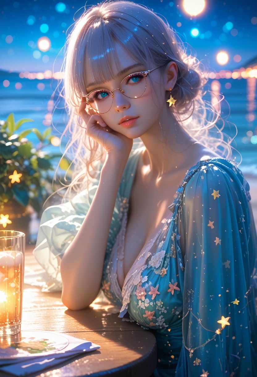 Anime Girl Alone Sitting at a Table Holding a Glass in Her Hand Wearing Glasses Beautiful Figure Very Beautiful Lush Hair, against the backdrop of the sea and summer beach, Night Stars very many stars, Beautiful Painting Bright Colors, Night Lights shine with a Small Light illuminating the darkness, score_9, score_8_up, score_7_up, dramatic lighting, highly detailed, high budget, bokeh, cinemascope, moody, epic, gorgeous, film grain, grainy, masterpiece, best quality, perfect anatomy, very aesthetic, official art, 8k, Shine, fantazi, 