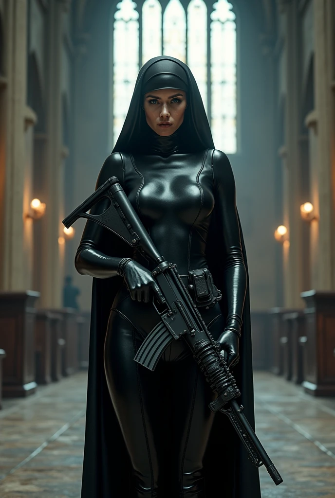 (masterpiece, top quality, best quality, official art, beautiful and aesthetic:1.2), (1girl:1.3), light freckles, fair skin, extremely detailed, portrait, looking at viewer, solo, (full body:0.6), detailed background, close up, (dark gothic theme:1.1), nun with guns, charlatan, smirk, mysterious, swaggering through cathedral, modest attire, black habit, cowl, nun hood, wimple, thigh-high boots, bodysuit, leotard, corset, leather straps, ammunition pouches, long boots, submachineguns, SMGs, MP5s, thigh pouches, holsters, garters, ((((narrow hips, slim sexy body, gigantic breasts)))), slim waist, slim hips, long legs, modern (cathedral exterior:1.1) background, dark mysterious lighting, shadows, magical atmosphere, dutch angle,